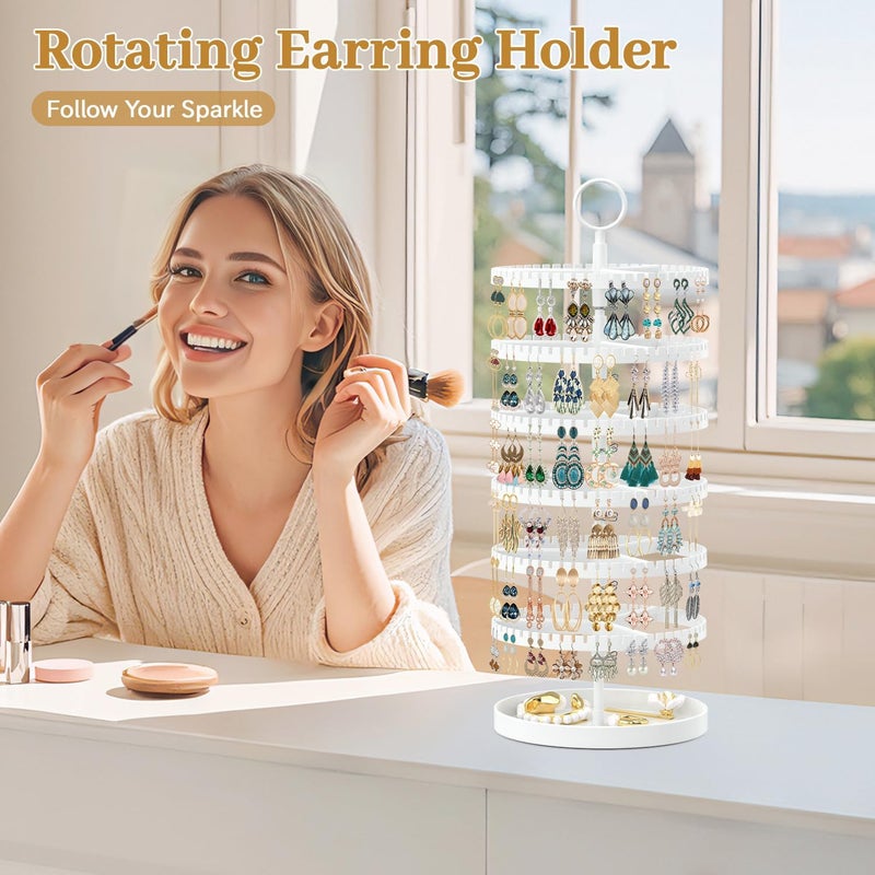 MODOWEY 6 Tier Rotating Earring Holder Organizer Display Tree with Metal Tray, Adjustable Plastic Stand with 342 Slots for Stud Hoop Hanger, Large Capacity Storage Rack for Women Space-Saving, White - Image 2